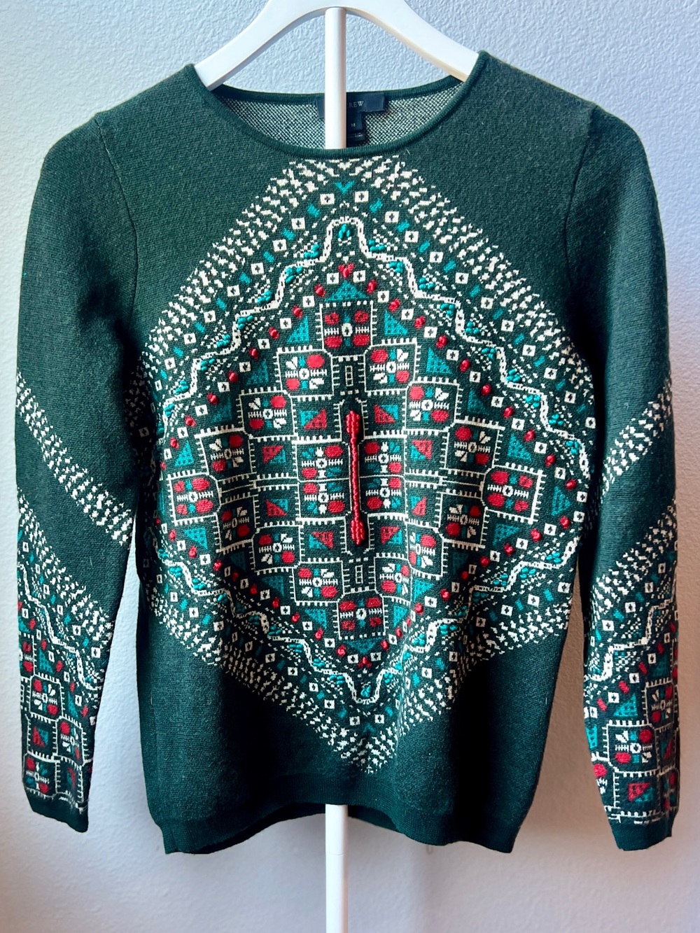 J.Crew 100% Merino Wool Knotted Scarf Sweater Aztec Geometric Fair Isle Y2K